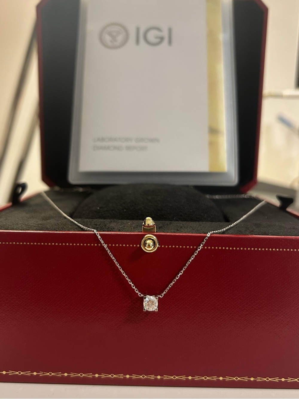 0.53 carat lab grown diamond with 18k white gold necklace, IGI certificate